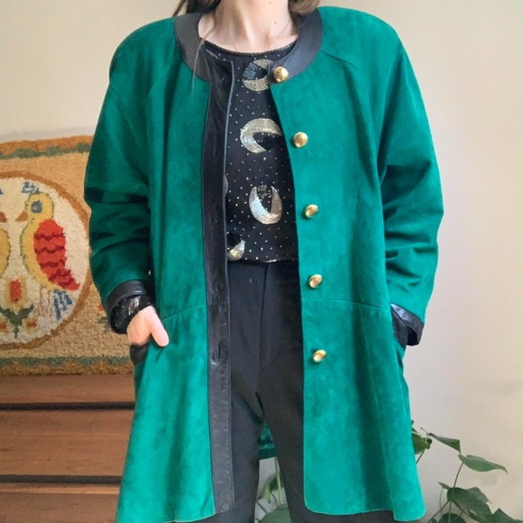Vintage Danier Green Suede Women's Jacket with Black Leatger Trim - Picture 5 of 8